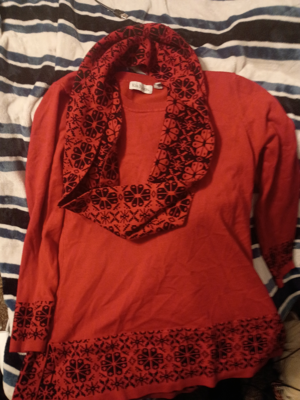 Kim Rogers Red and Black Patterned Knit Top with Infinity Scarf
